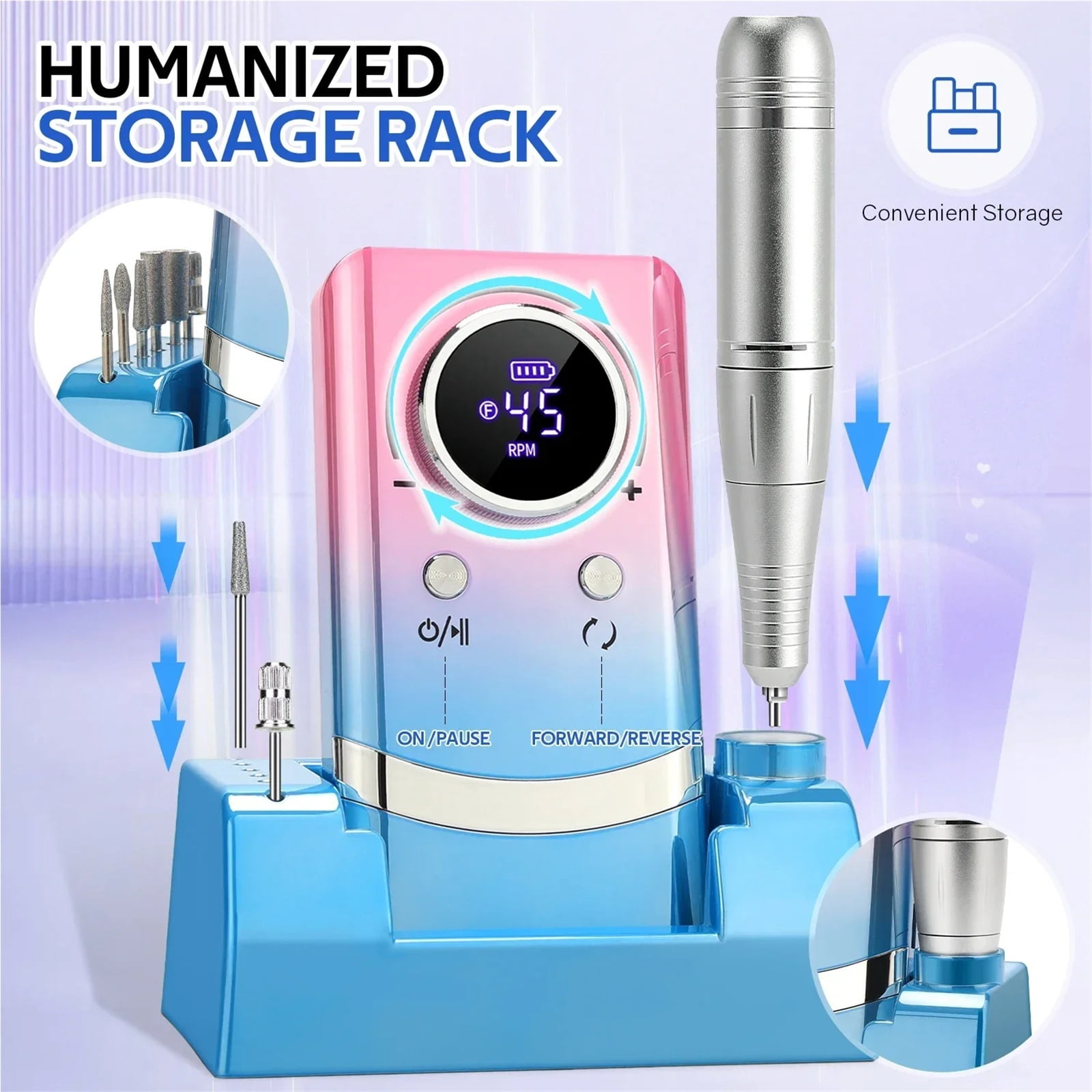 45000RPM Electric Nail Drill Machine Professional Nail Drills for Gel Nails Polish Rechargeable Portable Nail File Manicure Tool