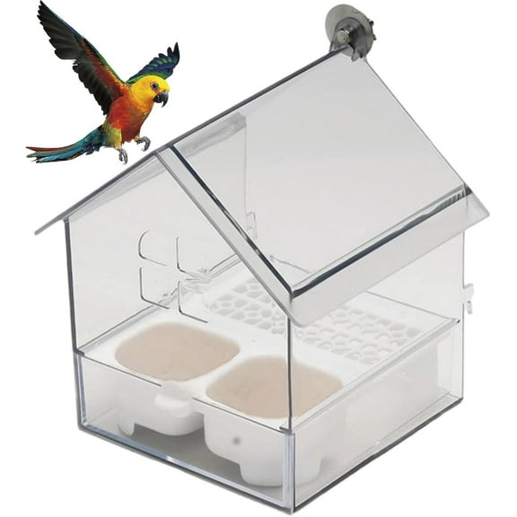 Pull-Out External Parrot Feeder, Hanging No Mess Bird Feeder for Cage with Two Food Slots, Roof-Top Bird Bath, Villa Style Transparent Water and Food Container, Large Capacity (White)