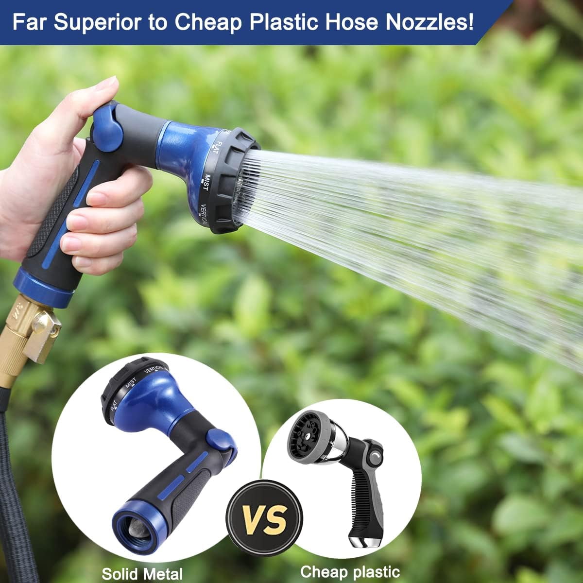 FANHAO Garden Hose Nozzle with Thumb Control, 100% Heavy Duty Metal Watering Nozzle 8 Spray Patterns