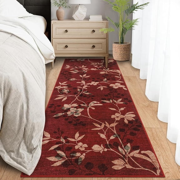 2x6 Washable Modern Floral Runner Rug, Non-Slip, Easy-Clean, for Hallway, Laundry Room, Kitchen, Bedroom, Indoor Floor Cover, Red