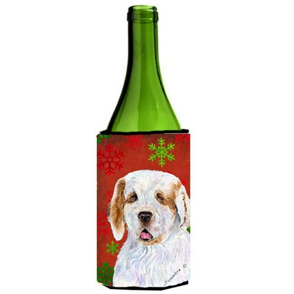 Clumber Spaniel Red And Green Snowflakes Holiday Christmas Wine bottle sleeve - 24 oz.