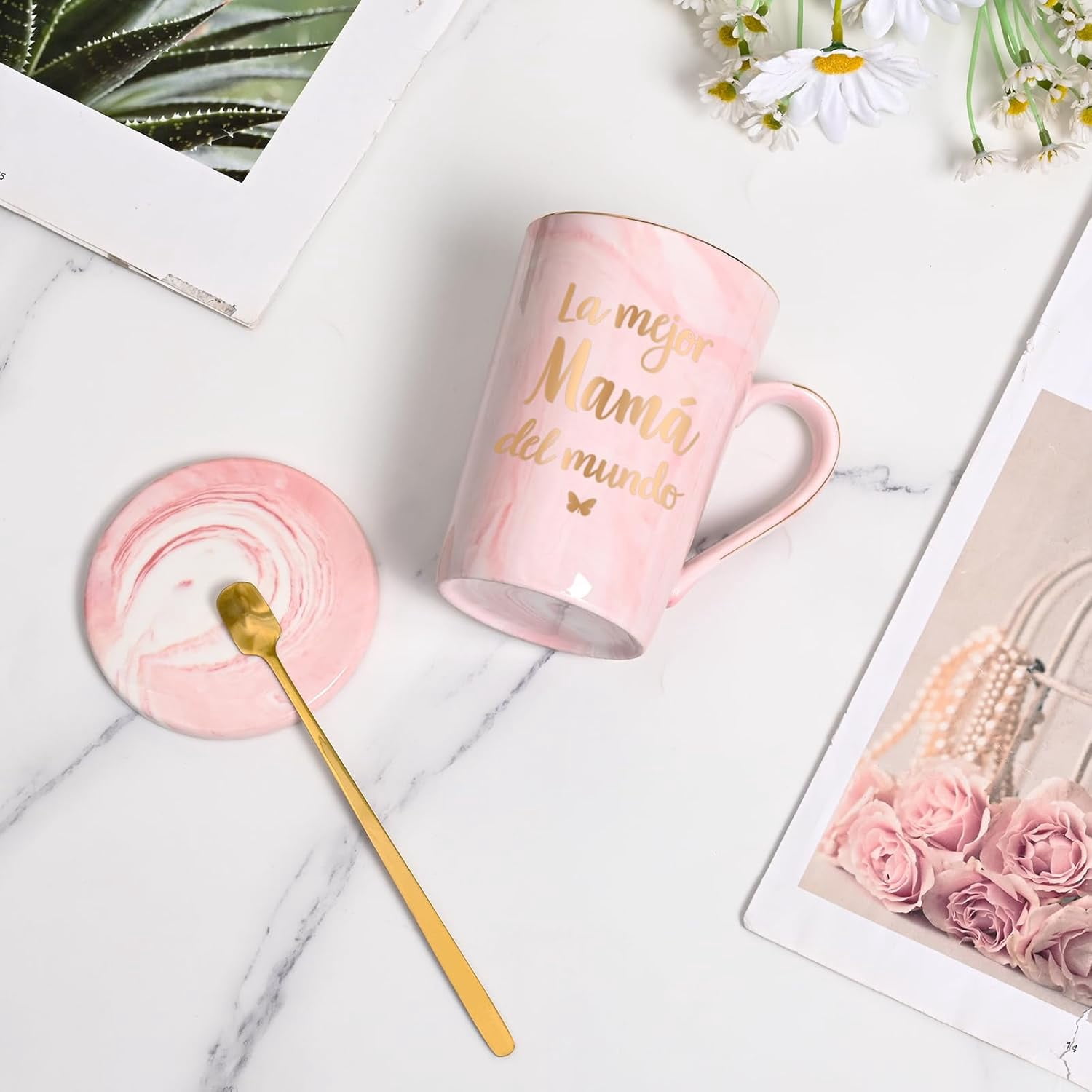 Gifts for Mother - La Mejor Mama Del Mundo Mugs, Mothers Day Gifts, Birthday Gifts, Christmas Gifts, Futtumy 14 fl oz Pink Marble Coffee Mugs Ceramic Mug Tea Cup
