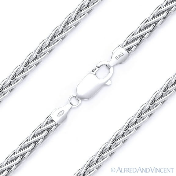 4.2mm Wheat / Spiga Link Italian Chain Necklace in Solid .925 Sterling Silver w/ Rhodium