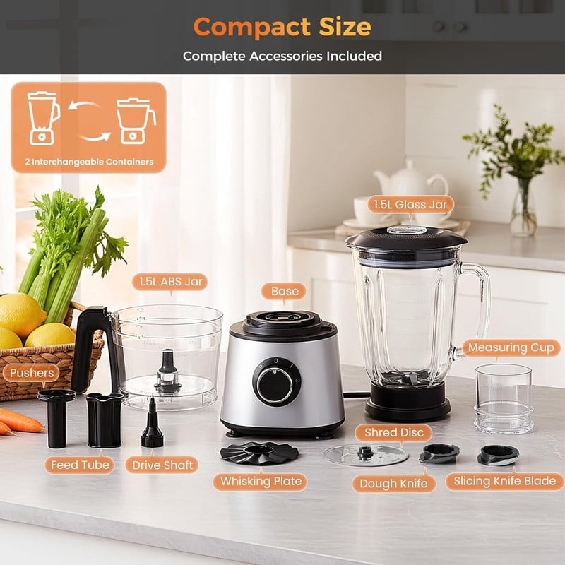 Simenmax 6-in-1 Food Processor & Blender Combo, 1.5L Glass Jar, 300W Electric Chopper with 2 Speeds + Pulse, Vegetable Slicer & Dough Kneader for Home Kitchen
