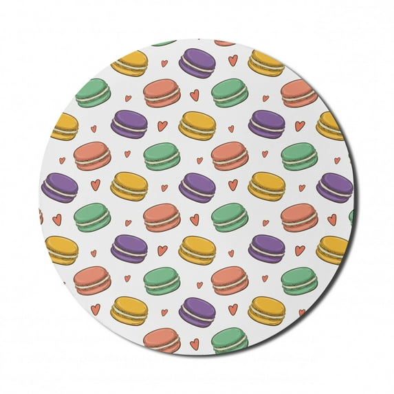 Food Mouse Pad for Computers, Colorful Macarons Cookies Pattern Along Hearts Modern Confectionery Theme, Round Non-Slip Thick Rubber Modern Mousepad, 8" Round, Orange and Multicolor, by Ambesonne