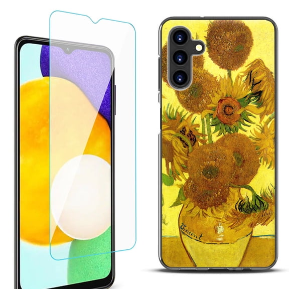 Slim-Fit Protective Fashion Phone Case (Black) for Samsung Galaxy A13 5G, with Tempered Glass Screen Protector, by OneToughShield ® - Sunflower