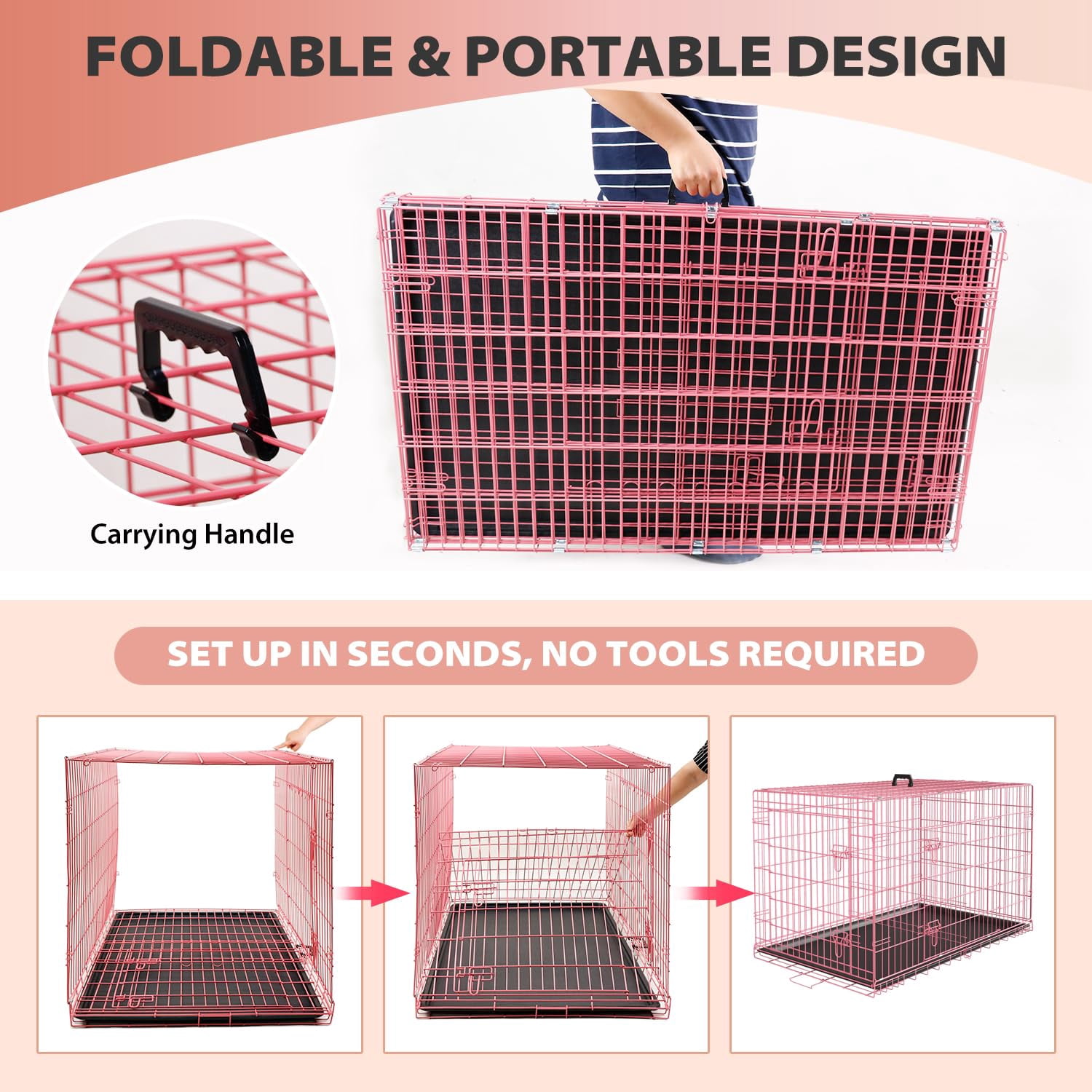 XF XINFENG 24 Inch Dog Crates for small dogs Folding Metal Kennel with Double Doors Leakproof Tray Portable Dog Cage for Travel, Indoor & Outdoor Use Pink