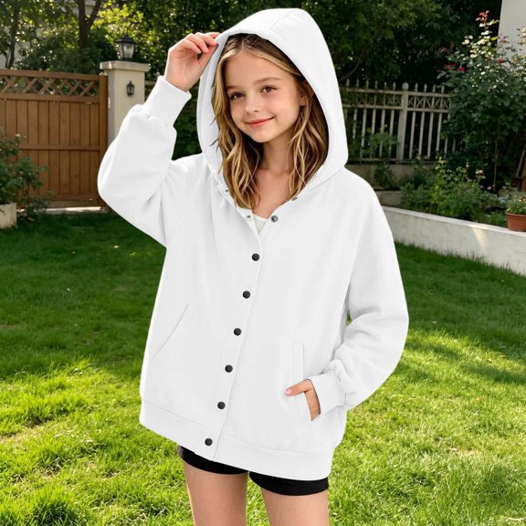 LUGOGNE Kids Girls Button Down Hooded Sweatshirt Jacket Casual Long Sleeve Hoodie Coat with Pockets White,13-14 Years