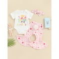 thumbnail image 3 of Jxzom Infant Baby Girl My First Easter Outfit 3 6 12 18 Months Short Sleeve Letter Print Romper Flare Pants Headband 3Pcs Clothes Set, 3 of 8
