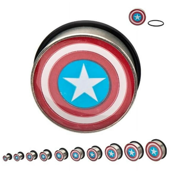 PSFCPTA-34PR Single Flare Captain America Logo Stainless Steel Plugs, 0.75 in.