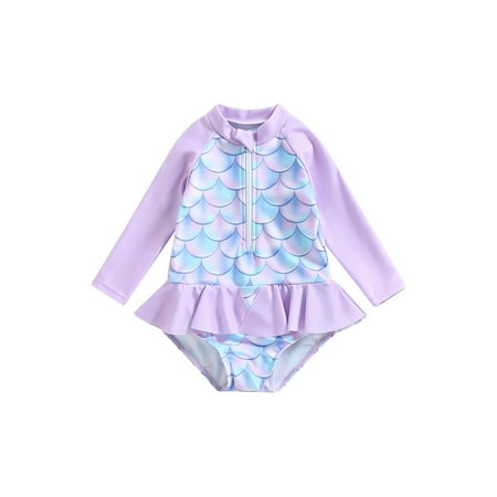 

AMILIEe Toddler Girls Half Zipper Swimsuit Long Sleeve Rash Guard Fish Scale One-Piece Beach Swimwear