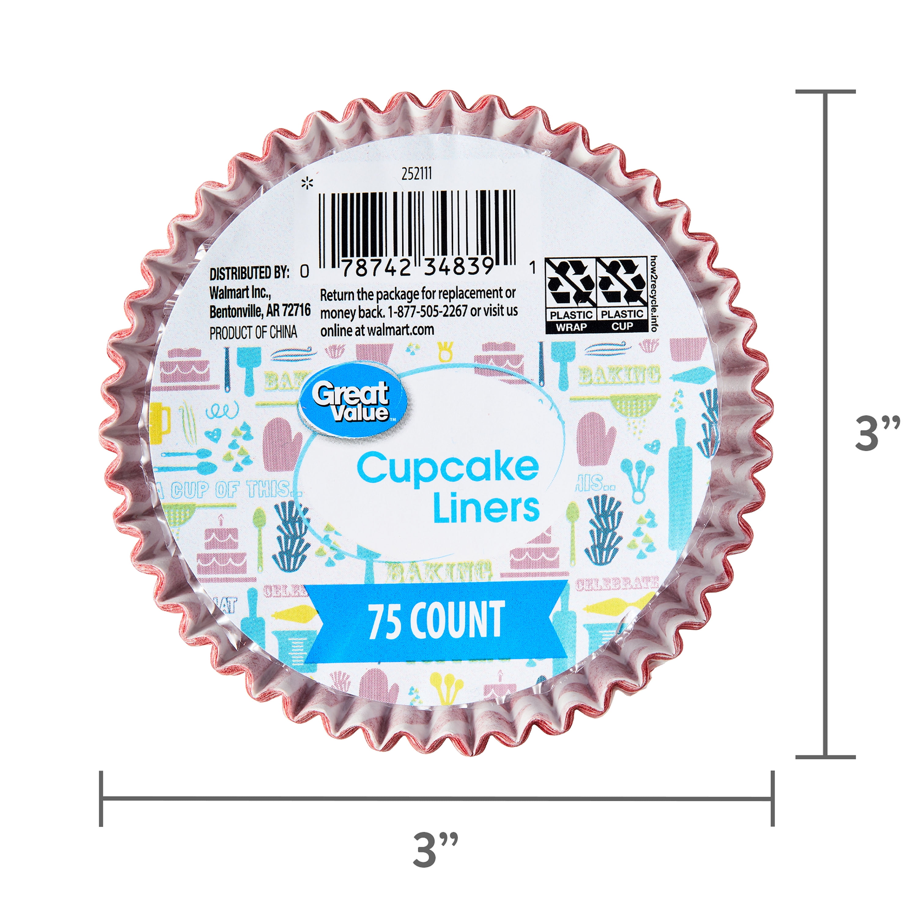 Great Value Cupcake Liners, Red & White Pattern, 75 Count
