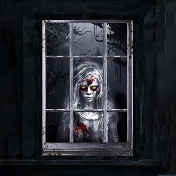 XEOVHV Scary Halloween Curtain, Halloween Window Silhouette Decorations with Hanging Accessories, Horror Ghost Theme Poster for Door Wall Haunted House, Halloween Party Decorations Indoor Outdoor