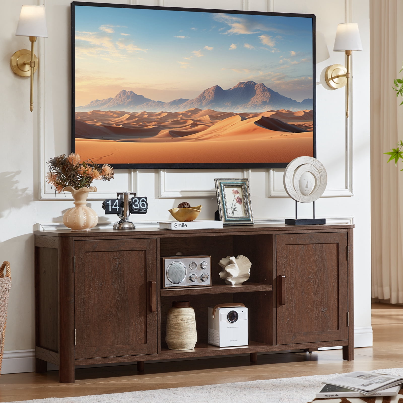 Joaxswe Modern Farmhouse with 2 Doors TV Stand, up to 65 inches, Rustic TV Stands for Bedroom, Walnut Wood Grain Finish