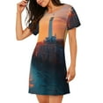 thumbnail image 2 of Wukai Lighthouse At Sunset Coast Print Women's Loose Short Sleeve Nightgown, Soft Sleep Dress for Comfortable Relaxation, Casual Lounge Wear, 2 of 6