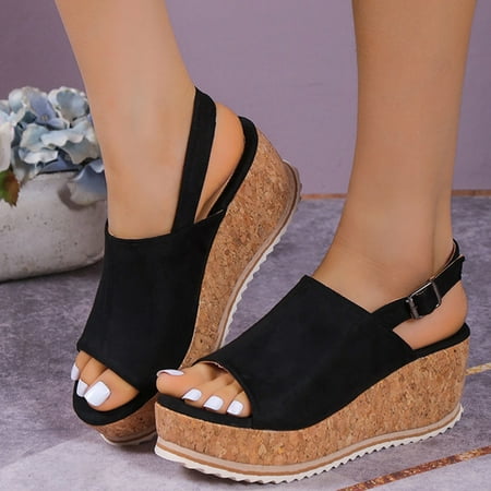 

PEASKJP Arch Support Sandals Women s Women Summer Open Toe Wedge Heel Light Comfort Beach Sandals Platform Sandals Black 8.5