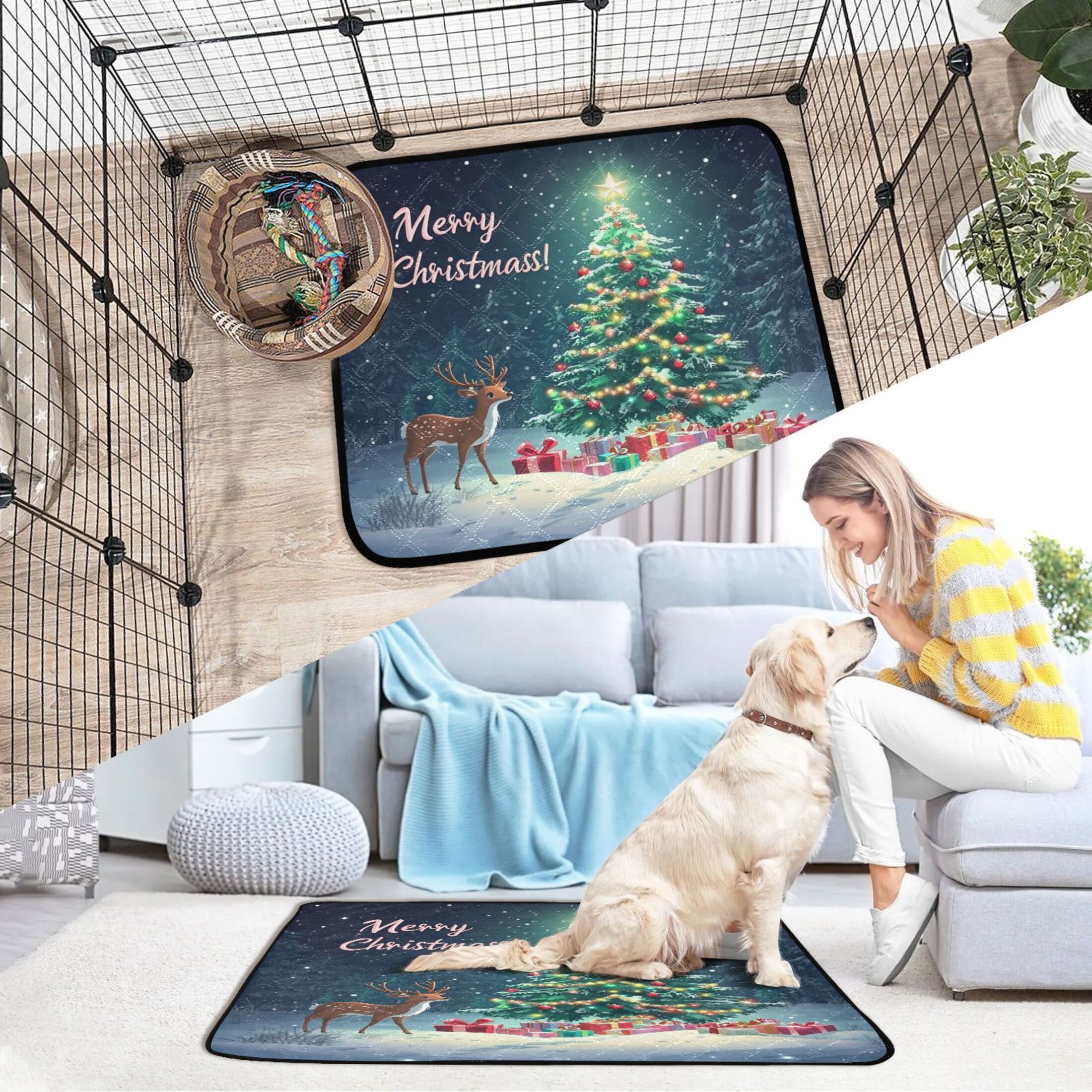 Washable Pet Pee Pads with Super Absorbent Reusable Training Pads for Dogs & Cats Christmas Rree Decorated with Colored Lights