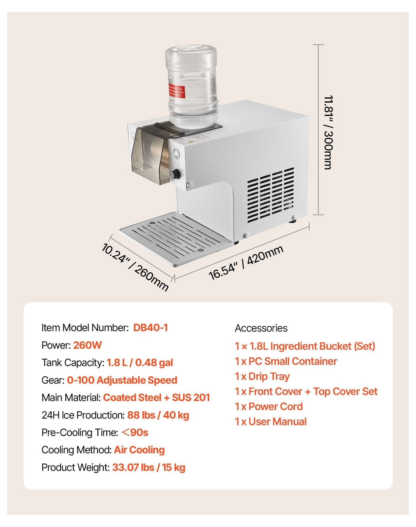 Snowflake Ice Machine 88LBS/24H, Electric Snow Cone Maker, Stainless Steel Blade, 0.48 Gal Tank, 90S Pre-Cooling, Adjustable Speed for Home & Parties