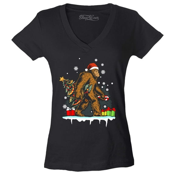 Shop4Ever Women's Bigfoot Santa Christmas Tree Toy Sack Sasquatch Slim Fit V-Neck T-Shirt Medium Black