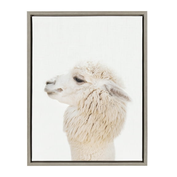 Kate and Laurel Sylvie Studio Alpaca Animal Print Portrait Framed Canvas Wall Art by Amy Peterson, 18x24 Gray