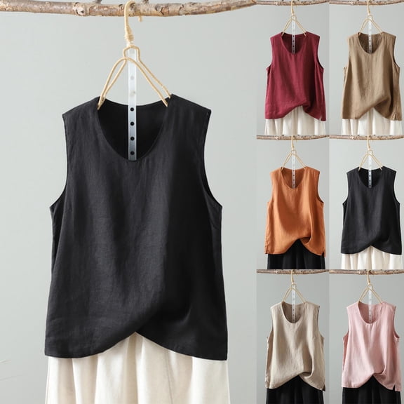 WEIee Tank Top Women Women’s T Shirt Summer Crewneck Sleeveless Blouse Solid Color Fashion Loose Fit Tops Ladies Party Tank Tee Beige L