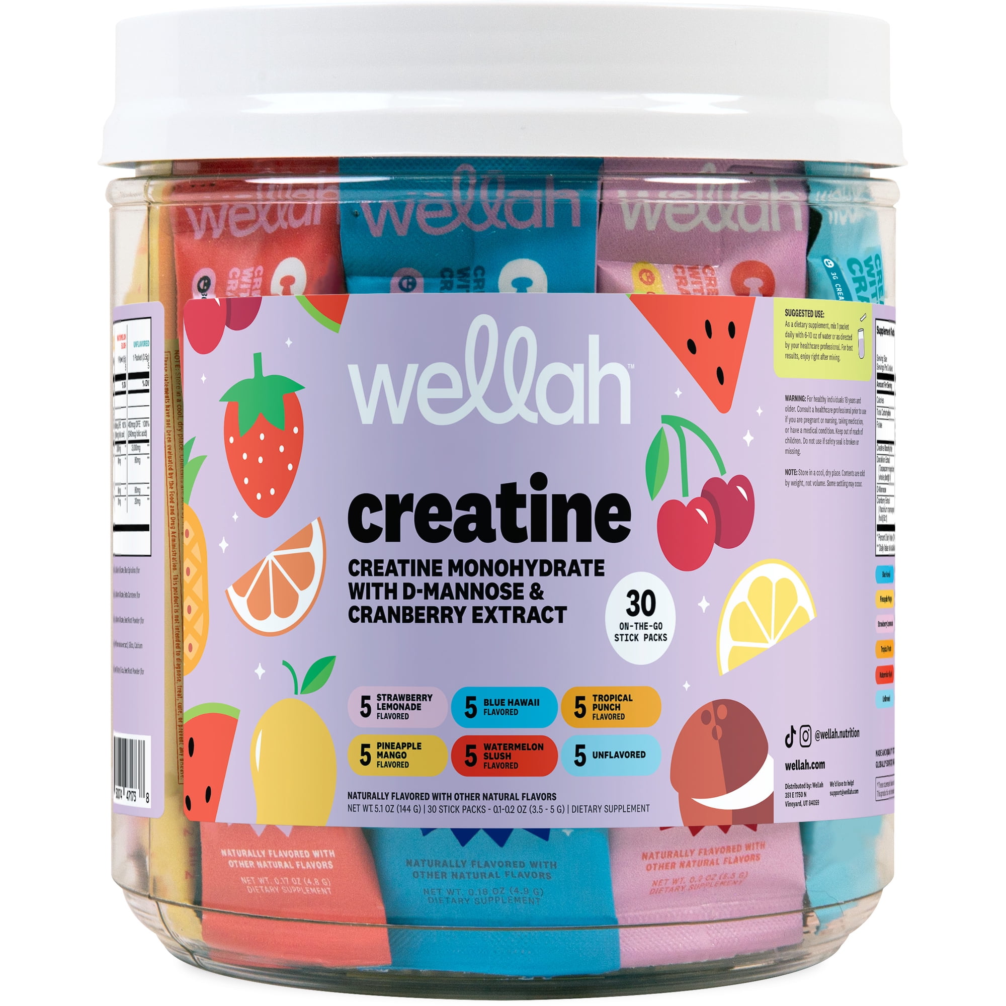 Wellah Creatine For Women (Variety Pack) 30 Stick Packs - 3g of Creatine Monohydrate Powder with Dandelion & Cranberry Extract, 6 Flavors, To-Go Packets