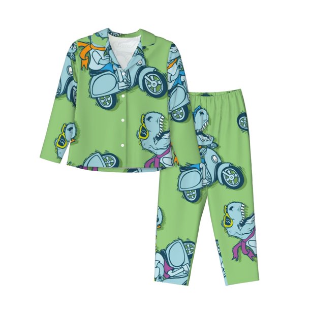 Fotbe Motorcycle Riding Dinosaur Conjunto de Pijama de Manga Larga para Mujer con Estampado, Ropa de Dormir de 2 Piezas, Conjunto de Casa Suave y Cómodo con Bolsillos-Large