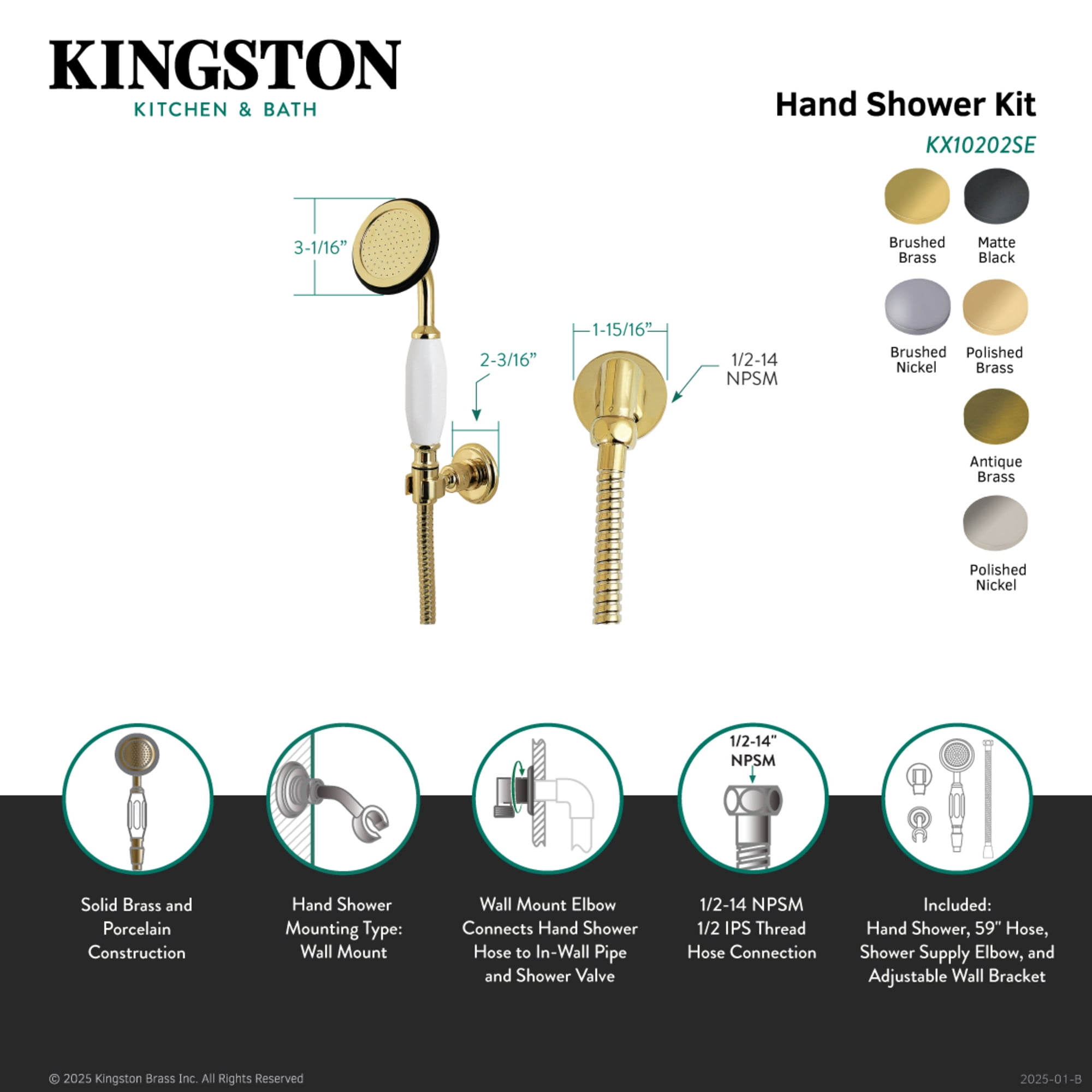 Kingston Brass KX10208SE Vintage Hand Shower Kit, Brushed Nickel
