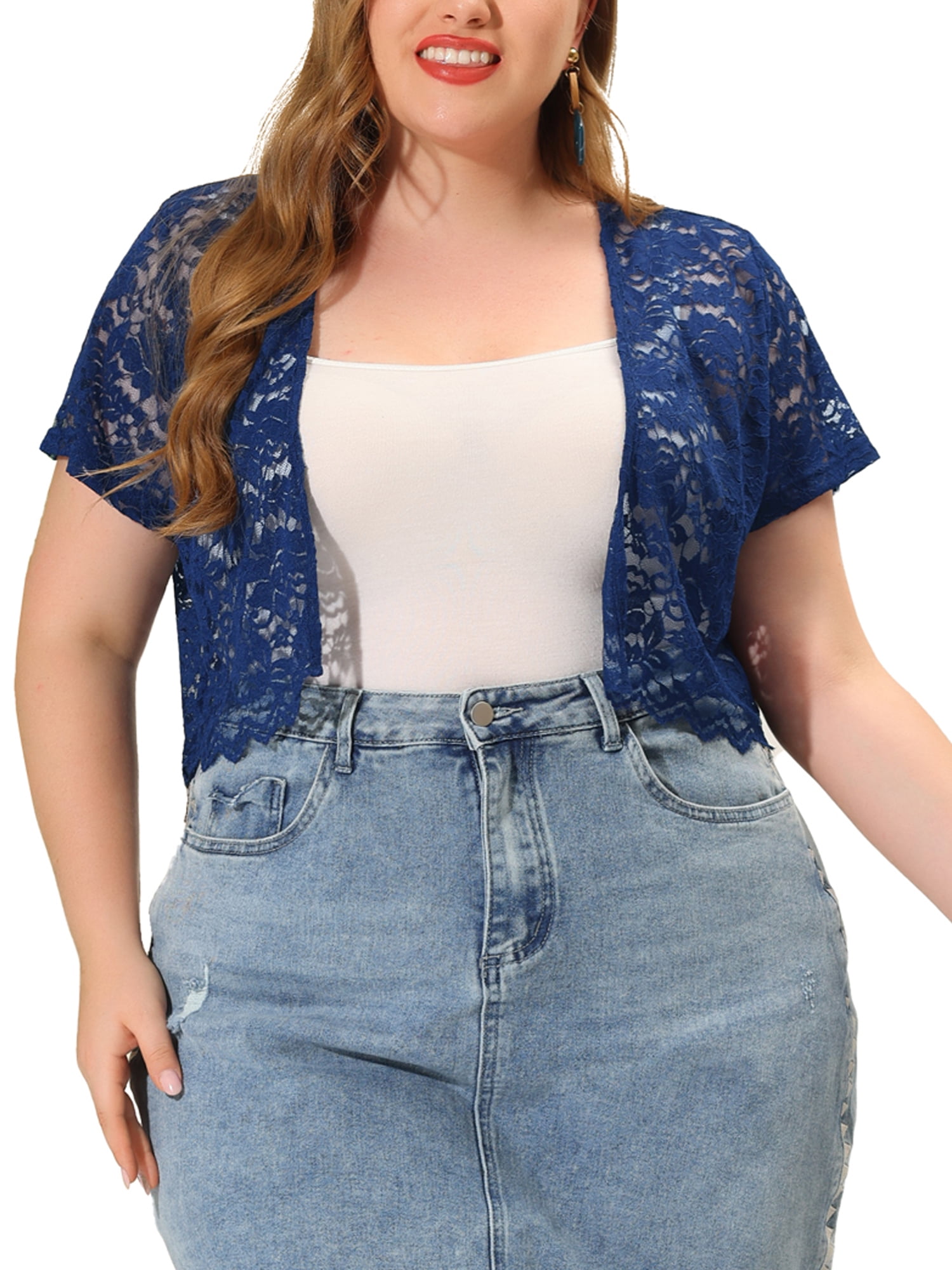 Unique Bargains Women's Plus Size Bolero Short Sleeve Lace Shrug Cardigan
