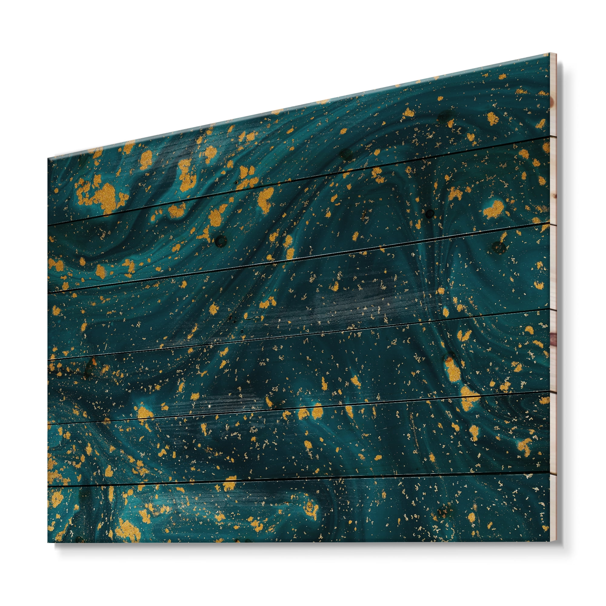 Designart 'Golden Glitter With Dark Blue Marble' Modern Print on Natural Pine Wood