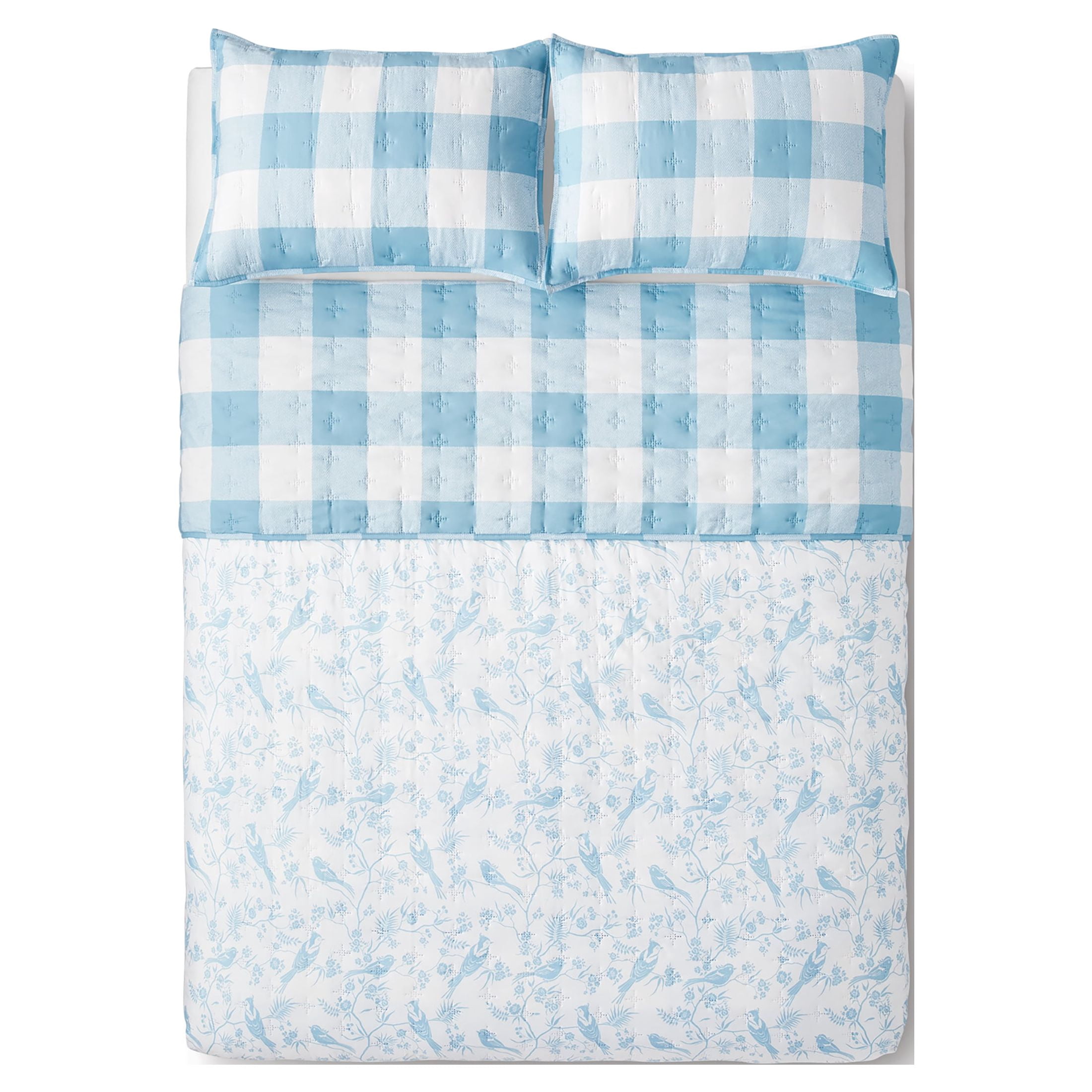 Blue Plaid Reversible Quilt Set with Tote, Mainstays, King, 4 Pieces