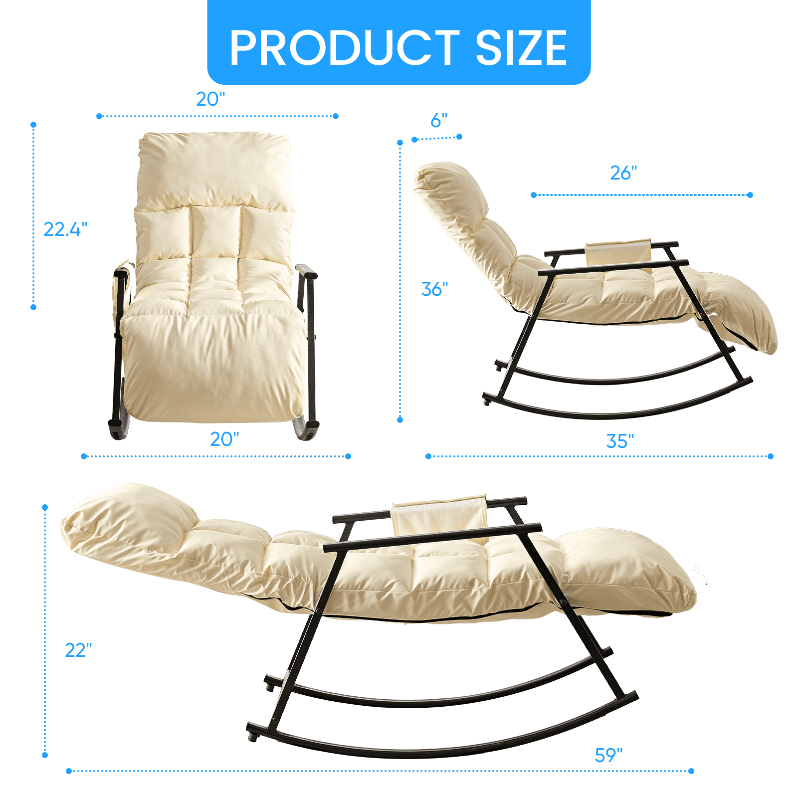 BALUS Rocking Chair, Leather Nursery Recliner with Adjustable Backrest & Footrest, Side Pockets, Modern Living Room Seating Space-Saving Design, Beige