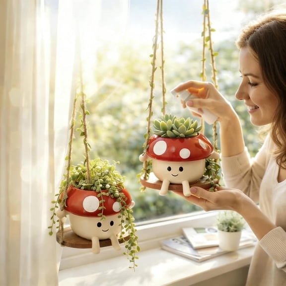 Mushroom Hanging Planter Resin Red White Rope Indoor Outdoor