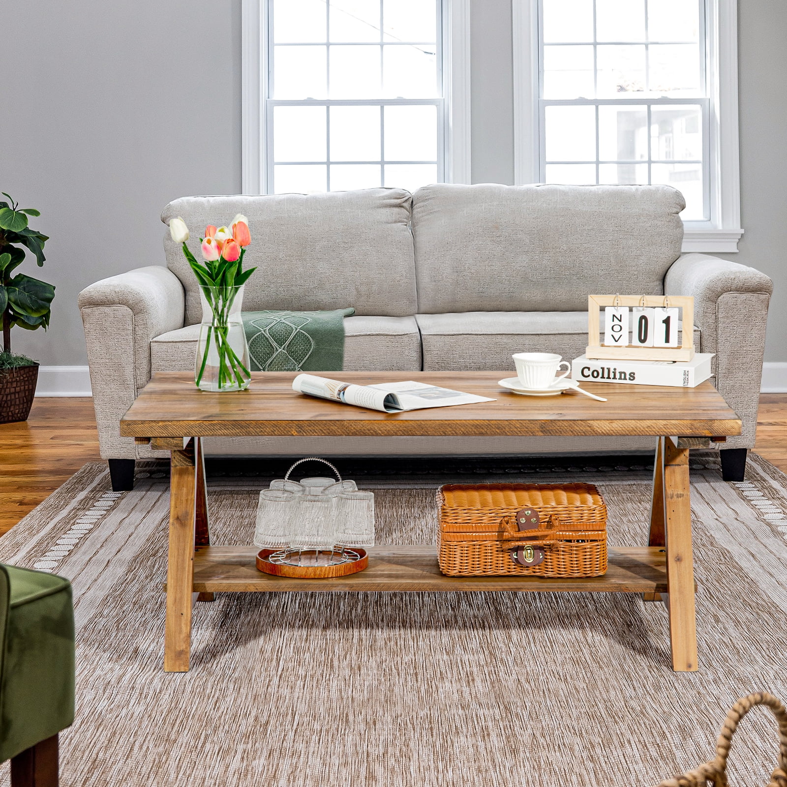 42.5” Rustic Solide Wood Coffee Table with Shelf, Coffee Center Table for Living Room, Mid Century Modern Rectangle, Oak