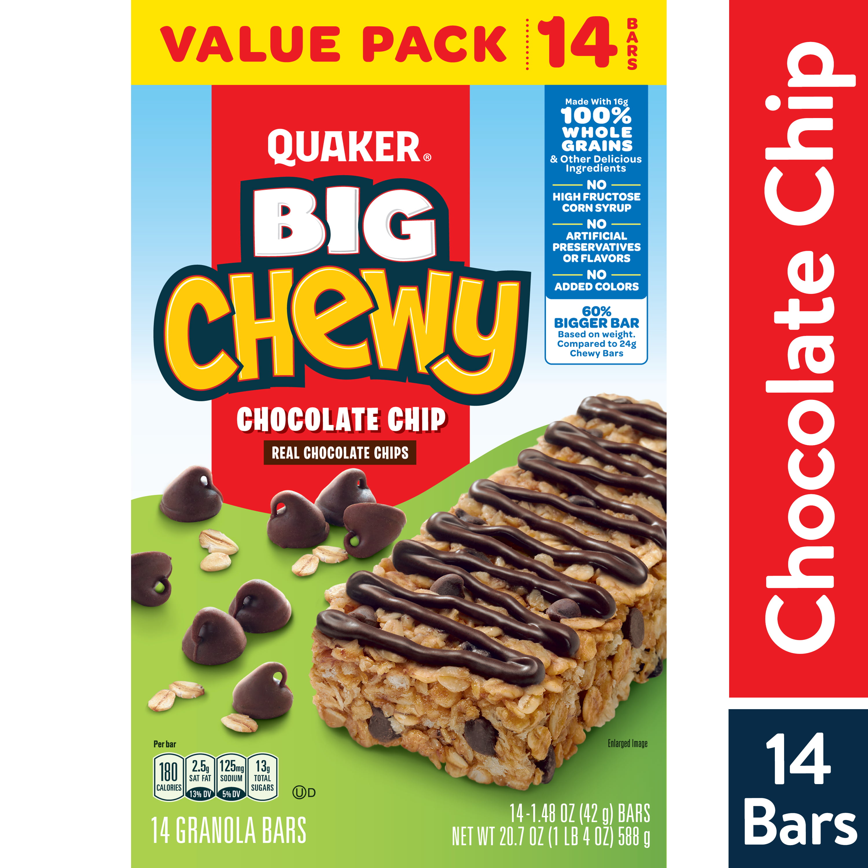 Quaker Big Chewy Granola Bars, 60% Larger, Chocolate Chip, 14 Pack