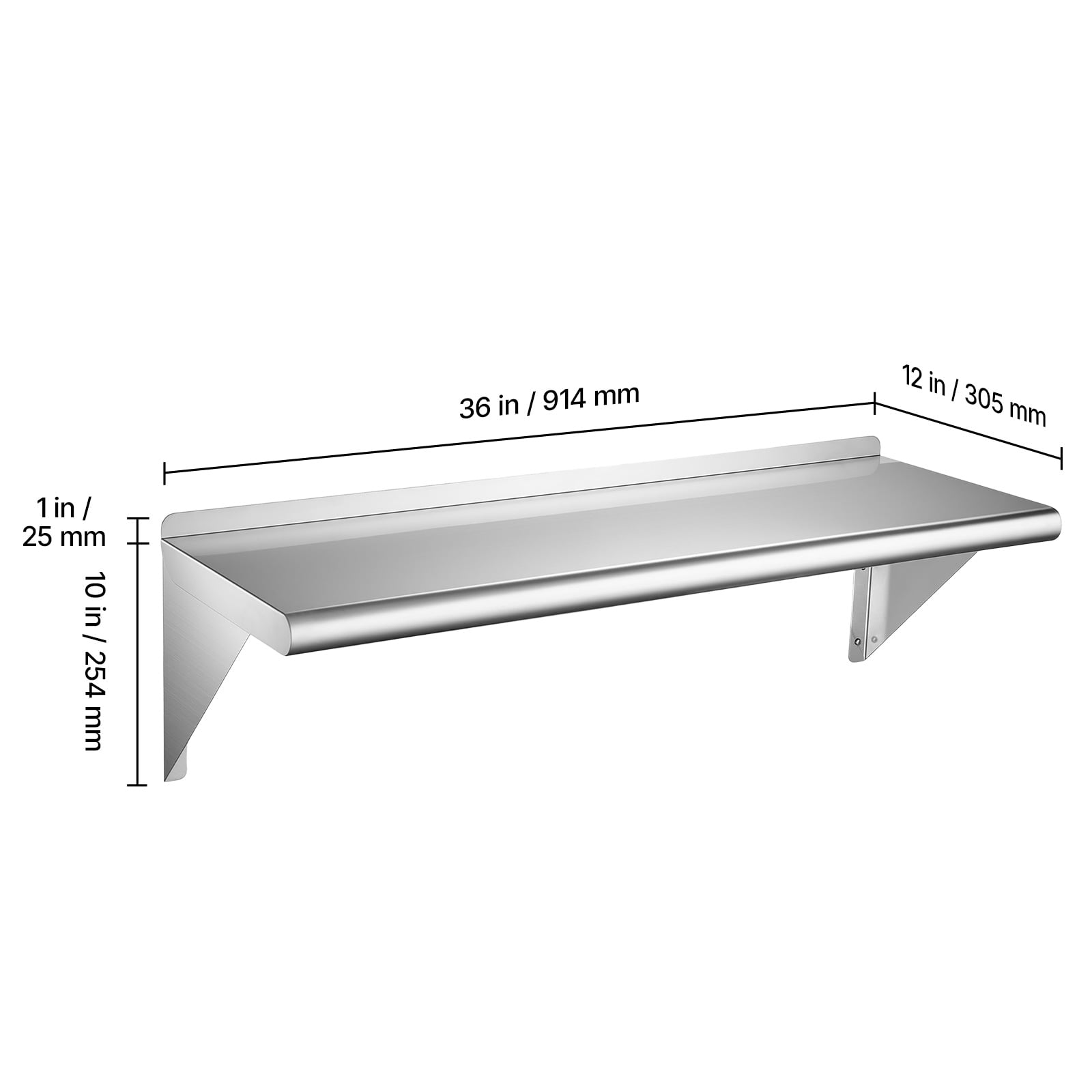 KFFKFF Stainless Steel Wall Shelf 12" x 36" 2-Pack, Durable Floating Shelves with Brackets, 300 lbs Load Capacity, Easy Maintenance, Ideal for Kitchens, Restaurants, and Garages