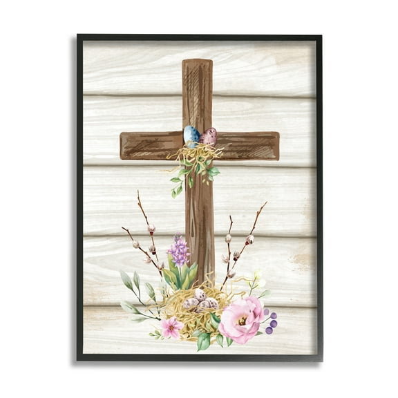 Stupell Spiritual Easter Cross Spring Blossoms Holiday Painting Black Framed Art Print Wall Art