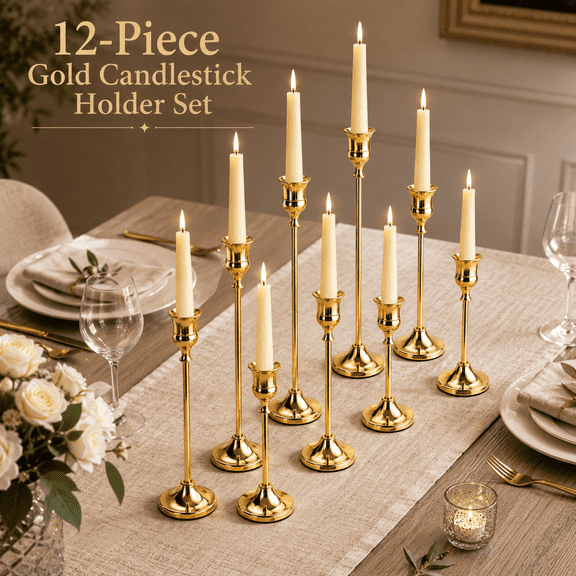 MORAVE 12 Pack Gold Brass Taper Candle Holders in 3 Heights, Vintage Metal Centerpiece for Wedding Christmas Home Table Decor