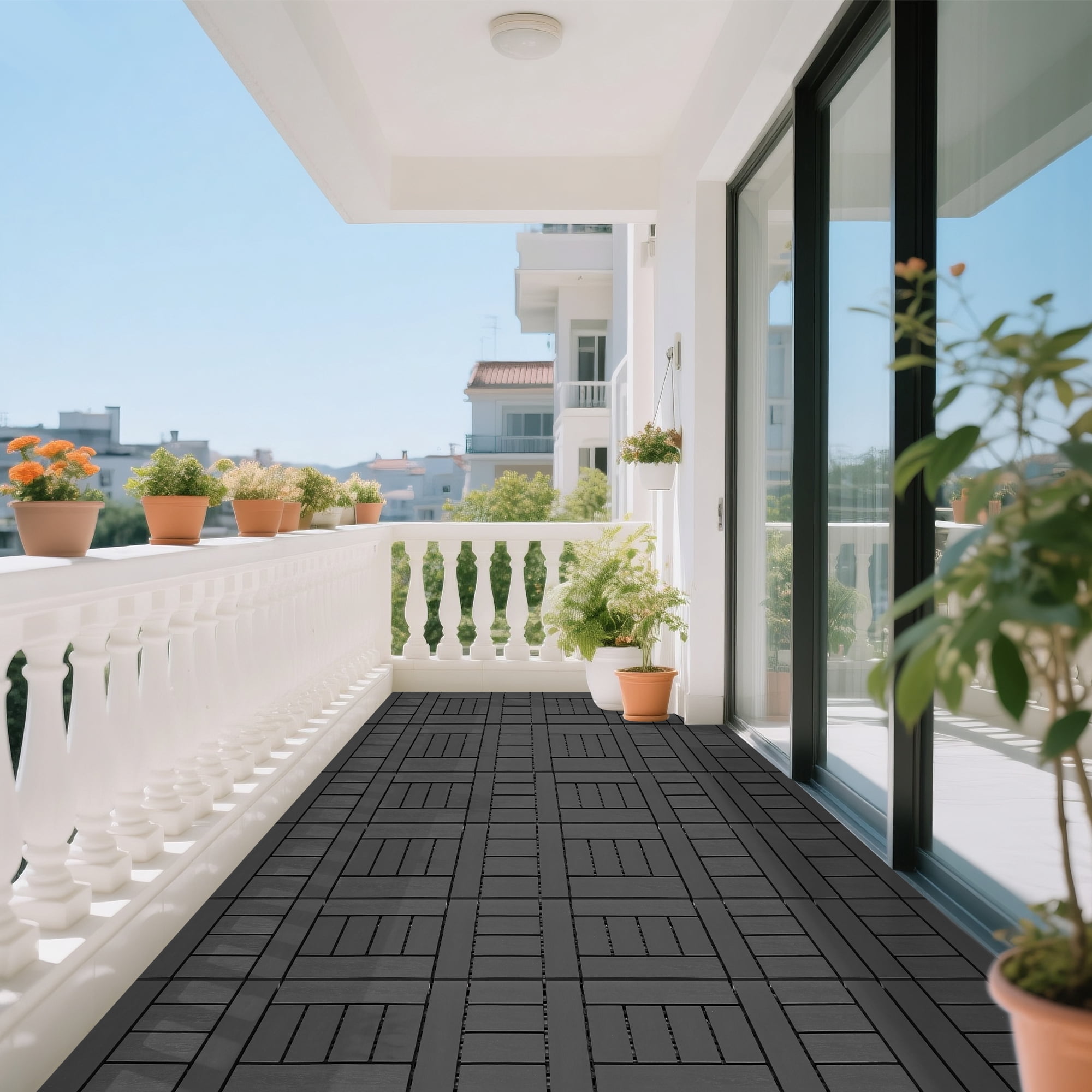 44 Pack Plastic Interlocking Deck Tiles,12"x12" Waterproof Indoor/Outdoor Floor Tiles,All-Weather Patio Floor Decking Tiles for Garden,Lawn,Porch,Poolside,Balcony,H Style,Grey