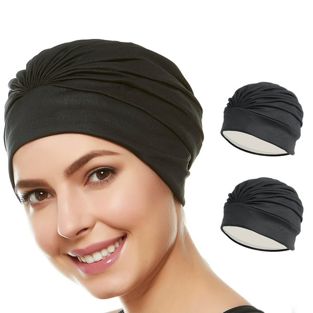 Beemo Women Swim Bathing Cap Turban Polyester Latex Lined Pleated for Women  & Girls Long, Short Hair Black 2-Pack 