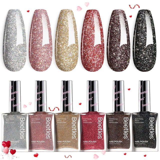 Set de esmaltes de uñas Beetles Glitter, 6 colores, secado rápido