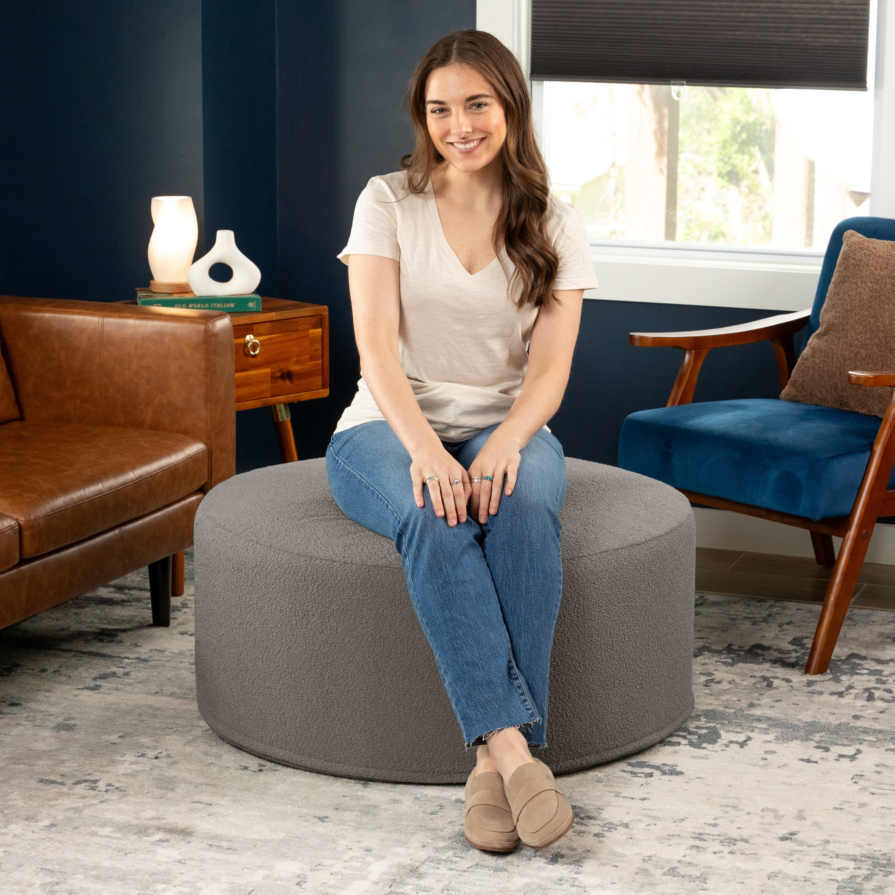 Jaxx Candler Round Coffee Table Ottoman, Large, 36-Inch, Boucle Dark Grey