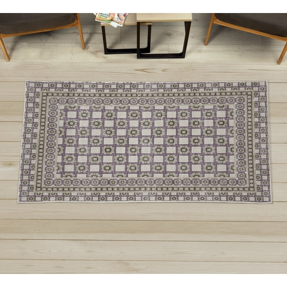 Vintage Decorative Rug, Ethnic Themed Squares and Circle Details Antique Themed Mesh Grid, Quality Carpet for Bedroom Dorm and Living Room, 6 Sizes, Eggshell and Pastel Purple, by Ambesonne