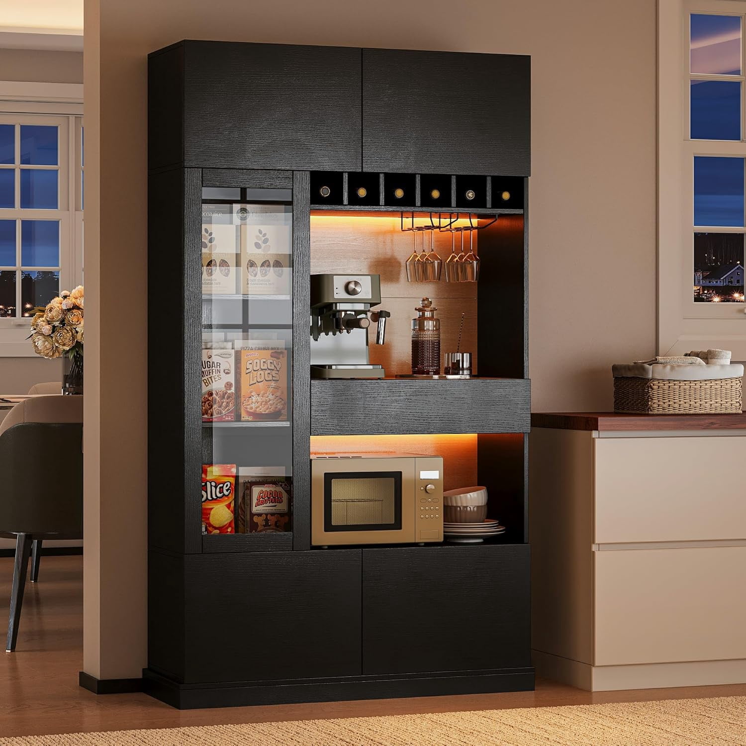 iPormis 69" Tall Kitchen Pantry Storage Cabinet with LED Light & Outlet, Kitchen Hutch with Microwave Stand & Wine Rack & Glass Door & Adjustable Shelf, Coffee Bar Hutch with Countertop, Black