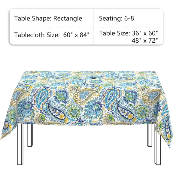 Outdoor 60"×84" Rectangle Tablecloth, Patio Stain and Fade Resistant Table Covers with Umbrella Hole, Decorative Picnic Table Cloth with Zipper for Home Garden and Pool Table Use, Paisley Blue