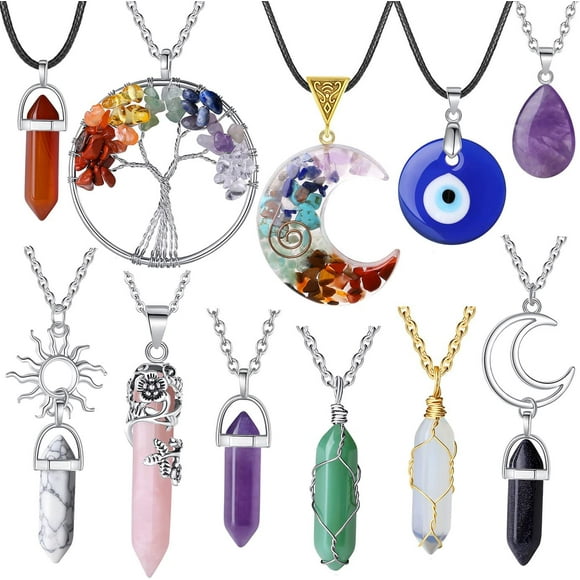 XIANNVXI 11Pcs Crystal Necklace for Women Men Amethyst Crystals Rose Quartz Obsidian Chakra Necklace Evil Eye Necklace Moon Sun Tree of Life Vintage Wiccan Boho Jewelry Pendants Mothers Day Gifts