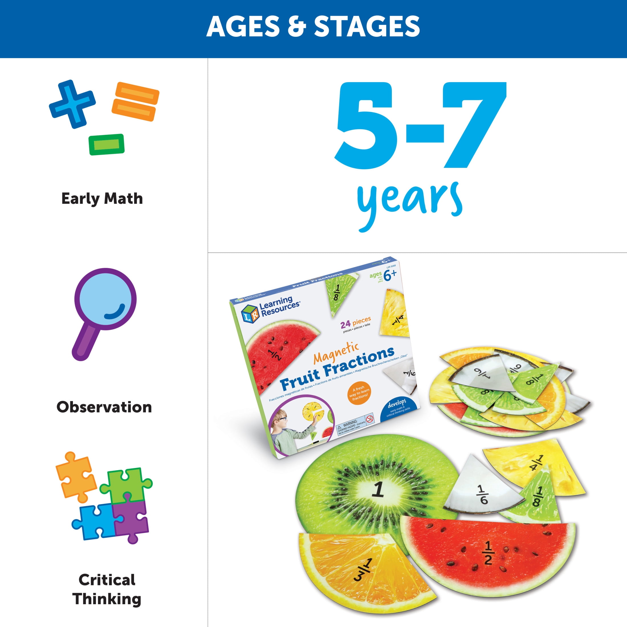 Learning Resources Magnetic Fruit Fractions - 24 Pieces, Boys and Girls Ages 6+ Educational Toys for Kids, Math Learning Games for Kids, Fractions Learning Games