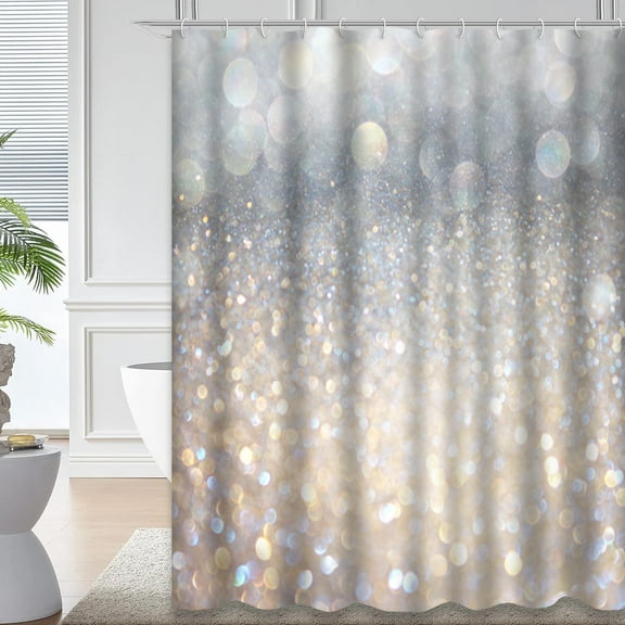 LALILO Gold Waterproof Shower Curtain,White and Silver Abstract Lights Diamond Sparkle Shine Bling Shower Curtains for Bathroom with 12 Hooks,72x72 Inch