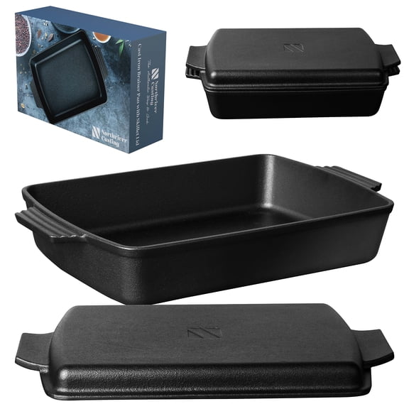 Northriver Casting 2-in-1 Pre-Seasoned Cast Iron Dutch Oven with Skillet Lid, Rectangular Casserole and Baking Pan, 9x13 In, Black