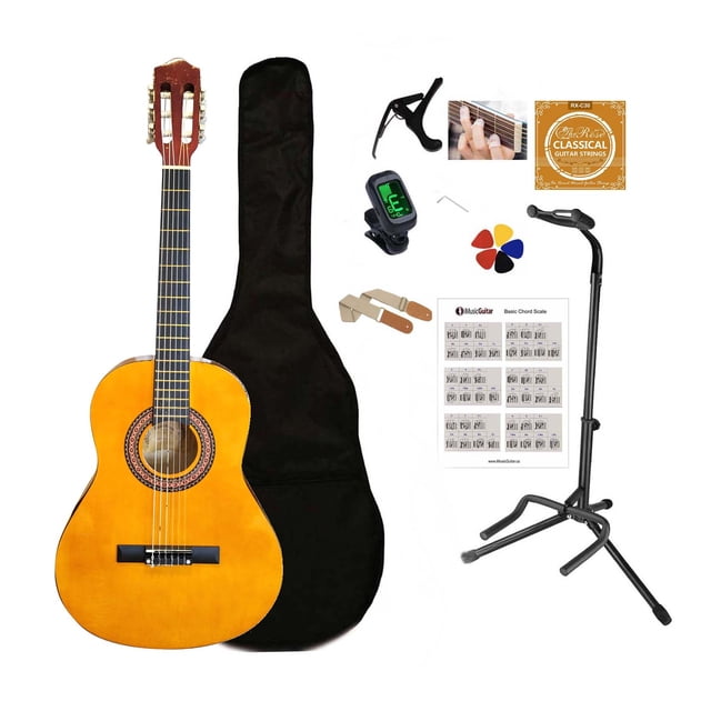 3/4 Size Classical Guitar for Kids & Beginners – Natural Amber Acoustic Guitar, Nylon Strings, Starter Kit with Bag, Picks, Chord Chart, Stand, Tuner, Capo, String set, Strap Amber